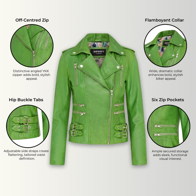 Diese zweireihige Bikerjacke ist ein Verkaufsschlager und wird für ihre scharfe Silhouette und ihr stilvolles Flair geliebt. Mit einem breiten Revers, Schulterklappen und mehreren Reißverschlusstaschen verbindet sie Funktionalität mit Mode. Verstellbare Schnallenlaschen und die schmale Passform verbessern Komfort und Stil. In vielen Farben erhältlich. Hauptmerkmale: 100 % hochwertiges, ultraweiches Nappaleder; Hochwertiges Futter aus Polyestermischung; Dezentraler YKK-Reißverschluss; Breites Revers mit Druckknöpfen; Schulterklappen mit Druckknopfverschluss; Sechs Außentaschen mit Reißverschluss zur Aufbewahrung; Verstellbare Schnallenlaschen an den Hüften; Schmal geschnittenes, verkürztes Bikerdesign