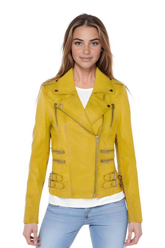 This double-breasted biker jacket is a top seller, loved for its sharp silhouette and stylish flair. With a wide notched lapel, shoulder epaulettes, and multiple zip pockets, it blends function with fashion. Adjustable buckle tabs and slim fit enhance comfort and style. Available in a wide range of colours.

Key Features:

100% premium ultra-soft Nappa leather
High-quality polyester blend lining
Off-centre YKK zip fastening
Wide notched lapel with press studs
Shoulder epaulettes with stud fastening
Six zipped exterior pockets for storage
Adjustable buckle tabs at the hips
Slim-fitting, cropped biker design