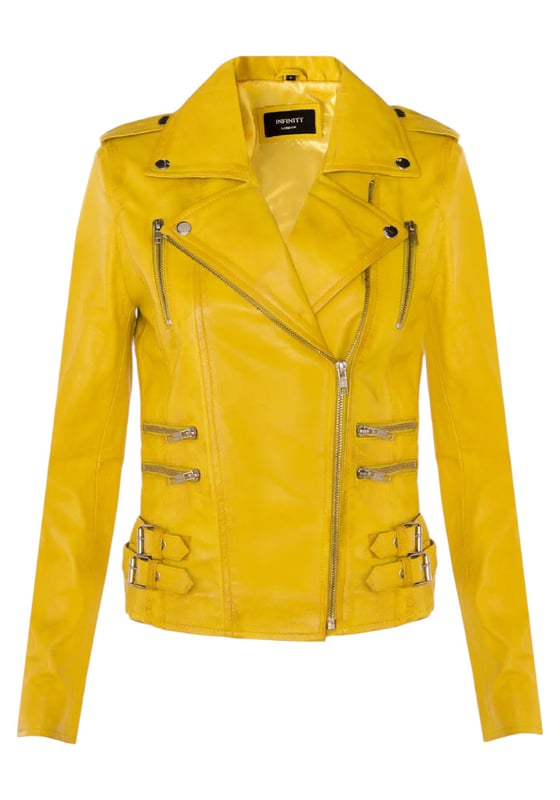 This double-breasted biker jacket is a top seller, loved for its sharp silhouette and stylish flair. With a wide notched lapel, shoulder epaulettes, and multiple zip pockets, it blends function with fashion. Adjustable buckle tabs and slim fit enhance comfort and style. Available in a wide range of colours.

Key Features:

100% premium ultra-soft Nappa leather
High-quality polyester blend lining
Off-centre YKK zip fastening
Wide notched lapel with press studs
Shoulder epaulettes with stud fastening
Six zipped exterior pockets for storage
Adjustable buckle tabs at the hips
Slim-fitting, cropped biker design