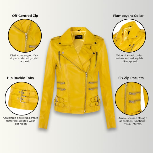 This double-breasted biker jacket is a top seller, loved for its sharp silhouette and stylish flair. With a wide notched lapel, shoulder epaulettes, and multiple zip pockets, it blends function with fashion. Adjustable buckle tabs and slim fit enhance comfort and style. Available in a wide range of colours.

Key Features:

100% premium ultra-soft Nappa leather
High-quality polyester blend lining
Off-centre YKK zip fastening
Wide notched lapel with press studs
Shoulder epaulettes with stud fastening
Six zipped exterior pockets for storage
Adjustable buckle tabs at the hips
Slim-fitting, cropped biker design