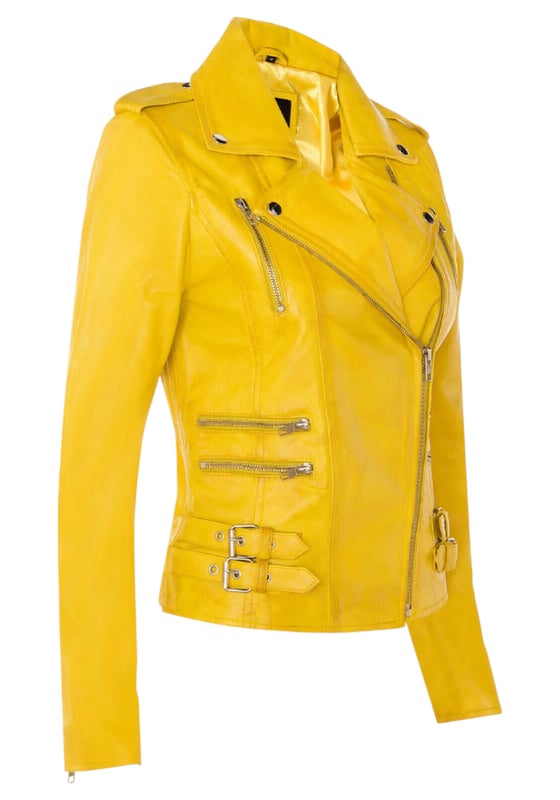 This double-breasted biker jacket is a top seller, loved for its sharp silhouette and stylish flair. With a wide notched lapel, shoulder epaulettes, and multiple zip pockets, it blends function with fashion. Adjustable buckle tabs and slim fit enhance comfort and style. Available in a wide range of colours.

Key Features:

100% premium ultra-soft Nappa leather
High-quality polyester blend lining
Off-centre YKK zip fastening
Wide notched lapel with press studs
Shoulder epaulettes with stud fastening
Six zipped exterior pockets for storage
Adjustable buckle tabs at the hips
Slim-fitting, cropped biker design