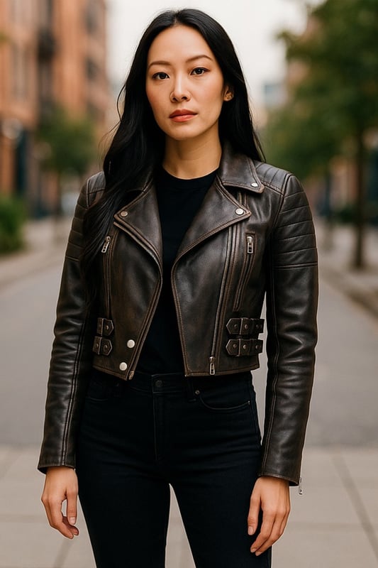 Indulge in sleek luxury with this cropped Brando-style leather jacket. Crafted from ultra-soft lamb nappa leather and lined with premium satin, it blends timeless biker attitude with modern elegance. Sophisticated detailing and a flattering silhouette make it a versatile essential for every fashion-forward wardrobe.

Key Features:
Soft and supple lamb nappa leather
Premium polyester inner lining for comfort
Cropped fit for a chic, flattering look
Classic Brando-style notched lapel
Off-centered YKK zip front fastening
Stylish quilted shoulders for a distinctive edge
2 outer extended vertical zipped pockets
Zipped cuffs – roll them up for a custom look
Buckle-adjustable side belts for a tailored fit