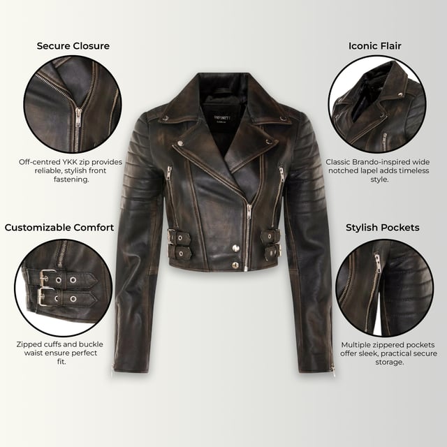 Indulge in sleek luxury with this cropped Brando-style leather jacket. Crafted from ultra-soft lamb nappa leather and lined with premium satin, it blends timeless biker attitude with modern elegance. Sophisticated detailing and a flattering silhouette make it a versatile essential for every fashion-forward wardrobe.

Key Features:
Soft and supple lamb nappa leather
Premium polyester inner lining for comfort
Cropped fit for a chic, flattering look
Classic Brando-style notched lapel
Off-centered YKK zip front fastening
Stylish quilted shoulders for a distinctive edge
2 outer extended vertical zipped pockets
Zipped cuffs – roll them up for a custom look
Buckle-adjustable side belts for a tailored fit