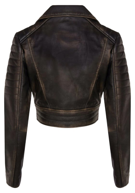 Indulge in sleek luxury with this cropped Brando-style leather jacket. Crafted from ultra-soft lamb nappa leather and lined with premium satin, it blends timeless biker attitude with modern elegance. Sophisticated detailing and a flattering silhouette make it a versatile essential for every fashion-forward wardrobe.

Key Features:
Soft and supple lamb nappa leather
Premium polyester inner lining for comfort
Cropped fit for a chic, flattering look
Classic Brando-style notched lapel
Off-centered YKK zip front fastening
Stylish quilted shoulders for a distinctive edge
2 outer extended vertical zipped pockets
Zipped cuffs – roll them up for a custom look
Buckle-adjustable side belts for a tailored fit