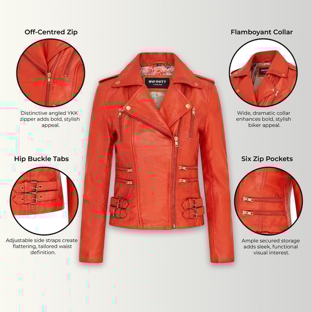 Diese zweireihige Bikerjacke ist ein Verkaufsschlager und wird für ihre scharfe Silhouette und ihr stilvolles Flair geliebt. Mit einem breiten Revers, Schulterklappen und mehreren Reißverschlusstaschen verbindet sie Funktionalität mit Mode. Verstellbare Schnallenlaschen und die schmale Passform verbessern Komfort und Stil. In vielen Farben erhältlich. Hauptmerkmale: 100 % hochwertiges, ultraweiches Nappaleder; Hochwertiges Futter aus Polyestermischung; Dezentraler YKK-Reißverschluss; Breites Revers mit Druckknöpfen; Schulterklappen mit Druckknopfverschluss; Sechs Außentaschen mit Reißverschluss zur Aufbewahrung; Verstellbare Schnallenlaschen an den Hüften; Schmal geschnittenes, verkürztes Bikerdesign