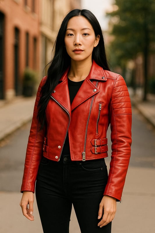 Indulge in sleek luxury with this cropped Brando-style leather jacket. Crafted from ultra-soft lamb nappa leather and lined with premium satin, it blends timeless biker attitude with modern elegance. Sophisticated detailing and a flattering silhouette make it a versatile essential for every fashion-forward wardrobe.

Key Features:
Soft and supple lamb nappa leather
Premium polyester inner lining for comfort
Cropped fit for a chic, flattering look
Classic Brando-style notched lapel
Off-centered YKK zip front fastening
Stylish quilted shoulders for a distinctive edge
2 outer extended vertical zipped pockets
Zipped cuffs – roll them up for a custom look
Buckle-adjustable side belts for a tailored fit