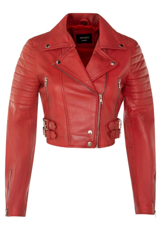 Indulge in sleek luxury with this cropped Brando-style leather jacket. Crafted from ultra-soft lamb nappa leather and lined with premium satin, it blends timeless biker attitude with modern elegance. Sophisticated detailing and a flattering silhouette make it a versatile essential for every fashion-forward wardrobe.

Key Features:
Soft and supple lamb nappa leather
Premium polyester inner lining for comfort
Cropped fit for a chic, flattering look
Classic Brando-style notched lapel
Off-centered YKK zip front fastening
Stylish quilted shoulders for a distinctive edge
2 outer extended vertical zipped pockets
Zipped cuffs – roll them up for a custom look
Buckle-adjustable side belts for a tailored fit