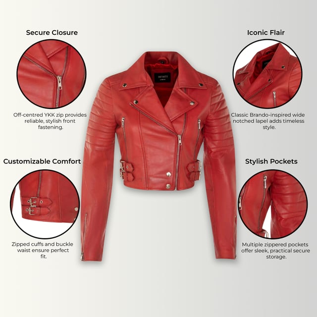 Indulge in sleek luxury with this cropped Brando-style leather jacket. Crafted from ultra-soft lamb nappa leather and lined with premium satin, it blends timeless biker attitude with modern elegance. Sophisticated detailing and a flattering silhouette make it a versatile essential for every fashion-forward wardrobe.

Key Features:
Soft and supple lamb nappa leather
Premium polyester inner lining for comfort
Cropped fit for a chic, flattering look
Classic Brando-style notched lapel
Off-centered YKK zip front fastening
Stylish quilted shoulders for a distinctive edge
2 outer extended vertical zipped pockets
Zipped cuffs – roll them up for a custom look
Buckle-adjustable side belts for a tailored fit