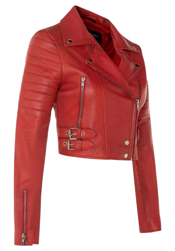 Indulge in sleek luxury with this cropped Brando-style leather jacket. Crafted from ultra-soft lamb nappa leather and lined with premium satin, it blends timeless biker attitude with modern elegance. Sophisticated detailing and a flattering silhouette make it a versatile essential for every fashion-forward wardrobe.

Key Features:
Soft and supple lamb nappa leather
Premium polyester inner lining for comfort
Cropped fit for a chic, flattering look
Classic Brando-style notched lapel
Off-centered YKK zip front fastening
Stylish quilted shoulders for a distinctive edge
2 outer extended vertical zipped pockets
Zipped cuffs – roll them up for a custom look
Buckle-adjustable side belts for a tailored fit