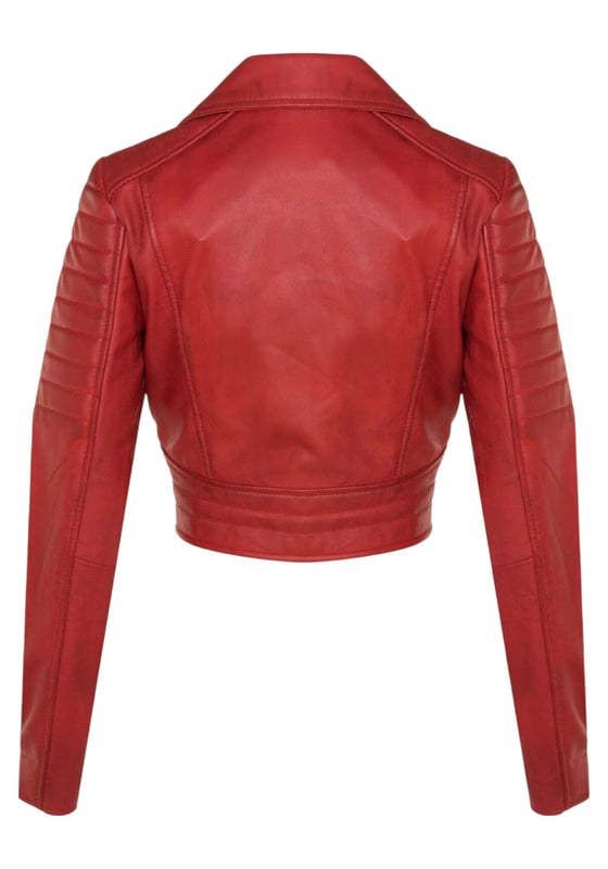 Indulge in sleek luxury with this cropped Brando-style leather jacket. Crafted from ultra-soft lamb nappa leather and lined with premium satin, it blends timeless biker attitude with modern elegance. Sophisticated detailing and a flattering silhouette make it a versatile essential for every fashion-forward wardrobe.

Key Features:
Soft and supple lamb nappa leather
Premium polyester inner lining for comfort
Cropped fit for a chic, flattering look
Classic Brando-style notched lapel
Off-centered YKK zip front fastening
Stylish quilted shoulders for a distinctive edge
2 outer extended vertical zipped pockets
Zipped cuffs – roll them up for a custom look
Buckle-adjustable side belts for a tailored fit