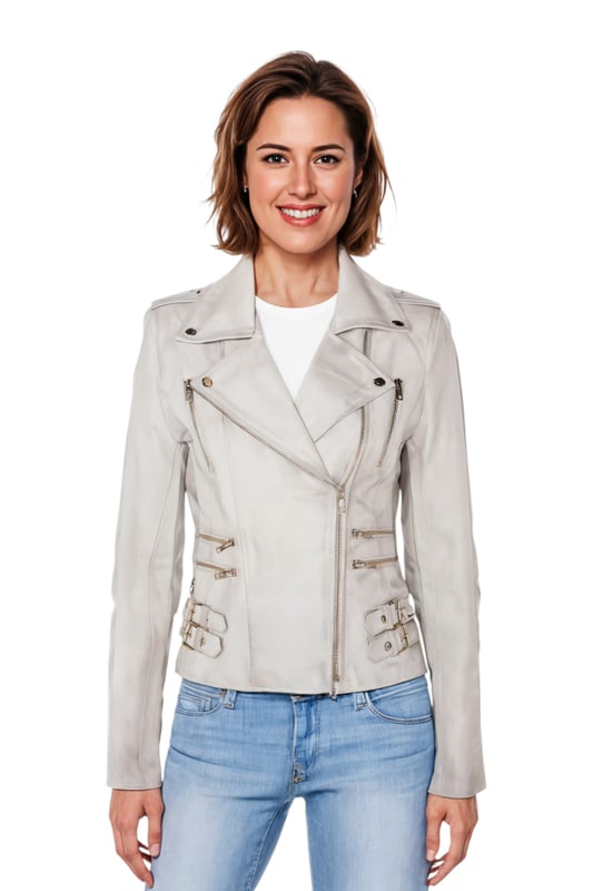 This double-breasted biker jacket is a top seller, loved for its sharp silhouette and stylish flair. With a wide notched lapel, shoulder epaulettes, and multiple zip pockets, it blends function with fashion. Adjustable buckle tabs and slim fit enhance comfort and style. Available in a wide range of colours.

Key Features:

100% premium ultra-soft Nappa leather
High-quality polyester blend lining
Off-centre YKK zip fastening
Wide notched lapel with press studs
Shoulder epaulettes with stud fastening
Six zipped exterior pockets for storage
Adjustable buckle tabs at the hips
Slim-fitting, cropped biker design