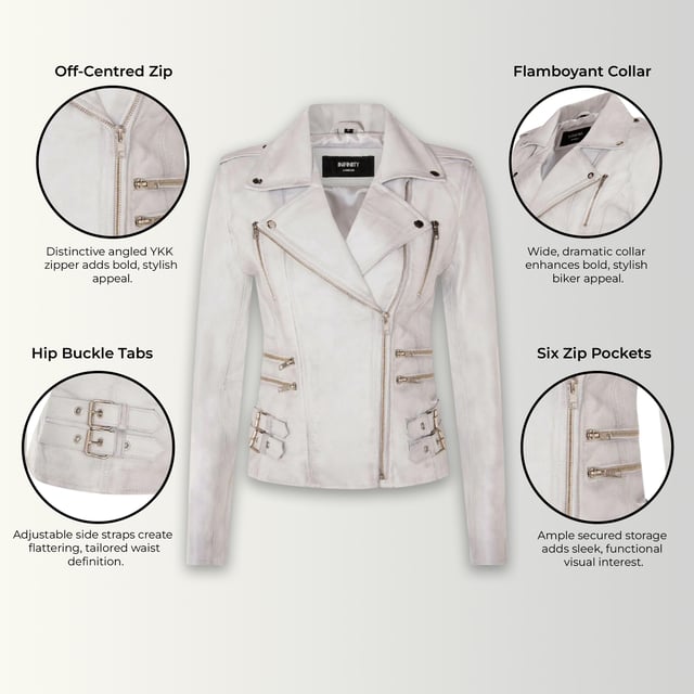 This double-breasted biker jacket is a top seller, loved for its sharp silhouette and stylish flair. With a wide notched lapel, shoulder epaulettes, and multiple zip pockets, it blends function with fashion. Adjustable buckle tabs and slim fit enhance comfort and style. Available in a wide range of colours.

Key Features:

100% premium ultra-soft Nappa leather
High-quality polyester blend lining
Off-centre YKK zip fastening
Wide notched lapel with press studs
Shoulder epaulettes with stud fastening
Six zipped exterior pockets for storage
Adjustable buckle tabs at the hips
Slim-fitting, cropped biker design