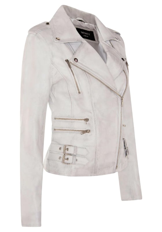 This double-breasted biker jacket is a top seller, loved for its sharp silhouette and stylish flair. With a wide notched lapel, shoulder epaulettes, and multiple zip pockets, it blends function with fashion. Adjustable buckle tabs and slim fit enhance comfort and style. Available in a wide range of colours.

Key Features:

100% premium ultra-soft Nappa leather
High-quality polyester blend lining
Off-centre YKK zip fastening
Wide notched lapel with press studs
Shoulder epaulettes with stud fastening
Six zipped exterior pockets for storage
Adjustable buckle tabs at the hips
Slim-fitting, cropped biker design