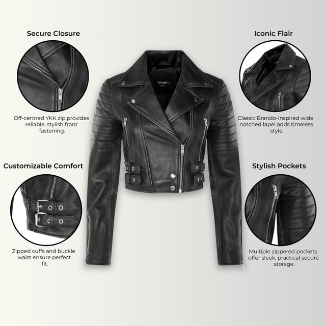 Gönnen Sie sich eleganten Luxus mit dieser kurzen Lederjacke im Brando-Stil. Sie ist aus ultraweichem Lammnappaleder gefertigt und mit hochwertigem Satin gefüttert. Sie verbindet zeitlosen Biker-Look mit moderner Eleganz. Anspruchsvolle Details und eine schmeichelhafte Silhouette machen sie zu einem vielseitigen Basic für jede modebewusste Garderobe. Wichtige Eigenschaften: Weiches und geschmeidiges Lammnappaleder Innenfutter aus hochwertigem Polyester für mehr Komfort Kurze Passform für einen schicken, schmeichelhaften Look Klassisches Revers im Brando-Stil Dezentrierter YKK-Reißverschluss vorne Stilvoll gesteppte Schultern für eine unverwechselbare Note 2 verlängerte vertikale Außentaschen mit Reißverschluss Ärmelbündchen mit Reißverschluss – krempeln Sie sie hoch für einen individuellen Look Seitliche Gürtel mit Schnallenverstellung für eine maßgeschneiderte Passform