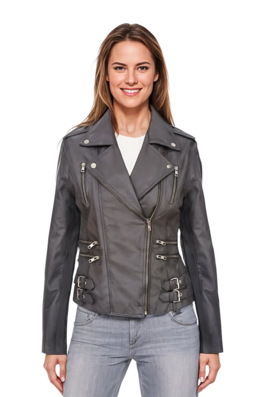 This double-breasted biker jacket is a top seller, loved for its sharp silhouette and stylish flair. With a wide notched lapel, shoulder epaulettes, and multiple zip pockets, it blends function with fashion. Adjustable buckle tabs and slim fit enhance comfort and style. Available in a wide range of colours.

Key Features:

100% premium ultra-soft Nappa leather
High-quality polyester blend lining
Off-centre YKK zip fastening
Wide notched lapel with press studs
Shoulder epaulettes with stud fastening
Six zipped exterior pockets for storage
Adjustable buckle tabs at the hips
Slim-fitting, cropped biker design