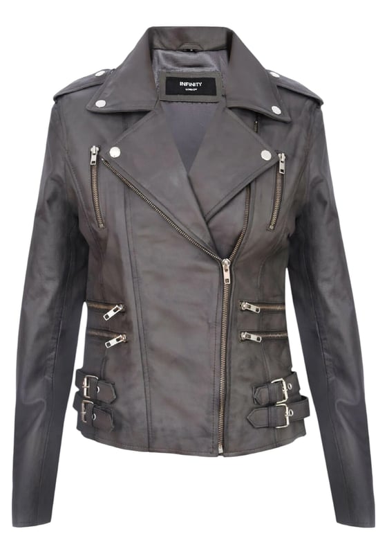 This double-breasted biker jacket is a top seller, loved for its sharp silhouette and stylish flair. With a wide notched lapel, shoulder epaulettes, and multiple zip pockets, it blends function with fashion. Adjustable buckle tabs and slim fit enhance comfort and style. Available in a wide range of colours.

Key Features:

100% premium ultra-soft Nappa leather
High-quality polyester blend lining
Off-centre YKK zip fastening
Wide notched lapel with press studs
Shoulder epaulettes with stud fastening
Six zipped exterior pockets for storage
Adjustable buckle tabs at the hips
Slim-fitting, cropped biker design