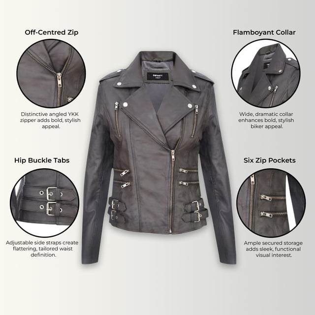 This double-breasted biker jacket is a top seller, loved for its sharp silhouette and stylish flair. With a wide notched lapel, shoulder epaulettes, and multiple zip pockets, it blends function with fashion. Adjustable buckle tabs and slim fit enhance comfort and style. Available in a wide range of colours.

Key Features:

100% premium ultra-soft Nappa leather
High-quality polyester blend lining
Off-centre YKK zip fastening
Wide notched lapel with press studs
Shoulder epaulettes with stud fastening
Six zipped exterior pockets for storage
Adjustable buckle tabs at the hips
Slim-fitting, cropped biker design