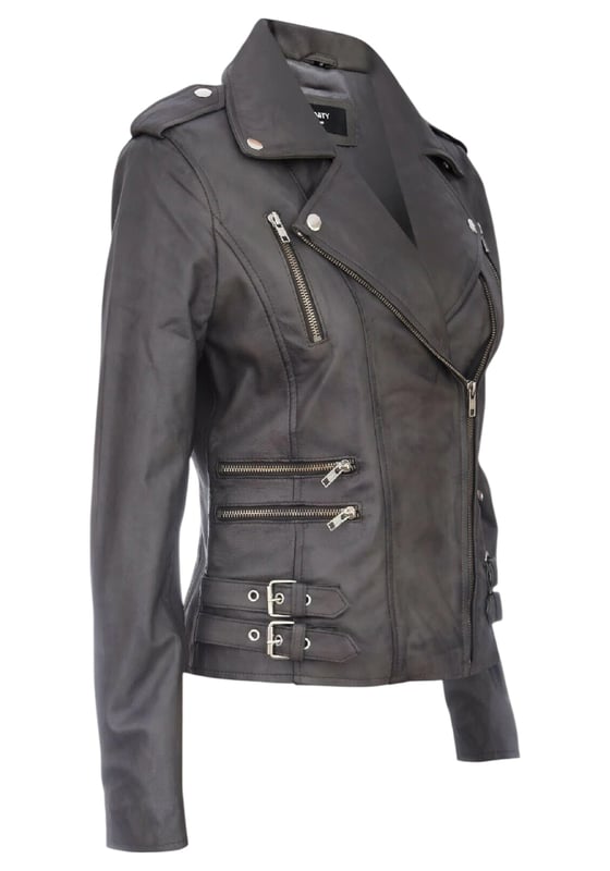 This double-breasted biker jacket is a top seller, loved for its sharp silhouette and stylish flair. With a wide notched lapel, shoulder epaulettes, and multiple zip pockets, it blends function with fashion. Adjustable buckle tabs and slim fit enhance comfort and style. Available in a wide range of colours.

Key Features:

100% premium ultra-soft Nappa leather
High-quality polyester blend lining
Off-centre YKK zip fastening
Wide notched lapel with press studs
Shoulder epaulettes with stud fastening
Six zipped exterior pockets for storage
Adjustable buckle tabs at the hips
Slim-fitting, cropped biker design