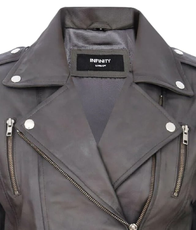 This double-breasted biker jacket is a top seller, loved for its sharp silhouette and stylish flair. With a wide notched lapel, shoulder epaulettes, and multiple zip pockets, it blends function with fashion. Adjustable buckle tabs and slim fit enhance comfort and style. Available in a wide range of colours.

Key Features:

100% premium ultra-soft Nappa leather
High-quality polyester blend lining
Off-centre YKK zip fastening
Wide notched lapel with press studs
Shoulder epaulettes with stud fastening
Six zipped exterior pockets for storage
Adjustable buckle tabs at the hips
Slim-fitting, cropped biker design