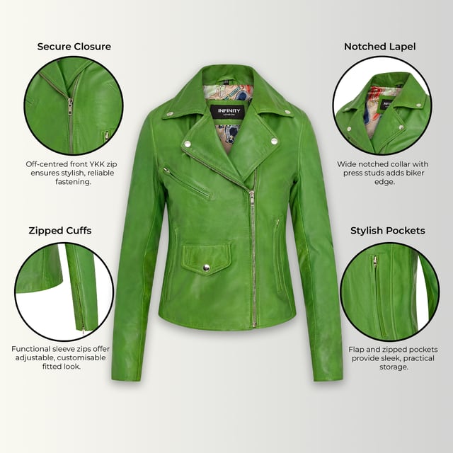 Diese auffällige Bikerjacke aus luxuriösem Lammnappaleder bietet eine schlanke, moderne Passform mit einem weichen Satinfutter für ganztägigen Tragekomfort. Mit vier Außentaschen und einer Innentasche ist sie stilvoll und praktisch zugleich. Perfekt, um lässige Outfits mit einer lebendigen, ausgefallenen Note aufzuwerten. Hauptmerkmale: Aus hochwertigem Lammnappaleder. Weiches und atmungsaktives Satin-Innenfutter. Klassische Biker-Silhouette mit asymmetrischem Reißverschluss. Vier funktionale Außentaschen (mit Reißverschluss und Klappe). Eine Innentasche für zusätzlichen Komfort. Reißverschlussbündchen für verstellbare Passform und Stil. Leicht und geschmeidig für hohen Tragekomfort.