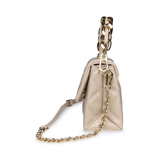 Removable and adjustable shoulder strap.Closes with clip fastener.One handle.Decorative chain.