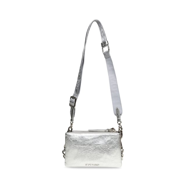 Closes with magnetic clasp  closes with zipper.Detachable handle.Removable and adjustable shoulder strap.Inside:Two main compartments and one minor compartement.One zip pocket.One slip pocket.Polished silver metal fittings.