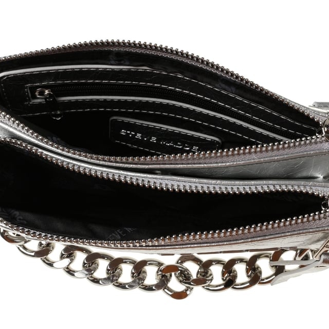 Closes with magnetic clasp  closes with zipper.Detachable handle.Removable and adjustable shoulder strap.Inside:Two main compartments and one minor compartement.One zip pocket.One slip pocket.Polished silver metal fittings.