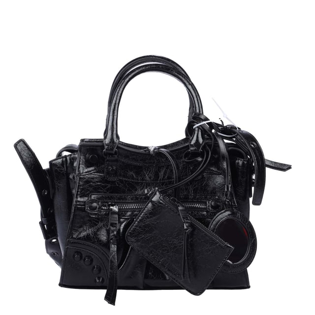 One zip pocket on the front.Zip pocket on the back.Closes with two-way zipper.Two handles.Removable and adjustable shoulder strap.Detachable pendant.Separate case.Inside:One main compartment.One zip pocket.One slip pocket.Separate case.
