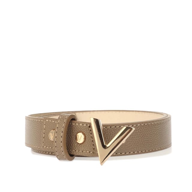 featuring a moulded leather pattern with stitched detail to the edges along with a gold tone metal buckle fastening  completed with the Mario Valentino branding.