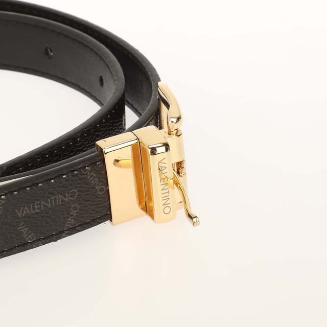 Adjustable keyhole fastening.Gold buckle detail.Embossed logo all over.Faux leather.