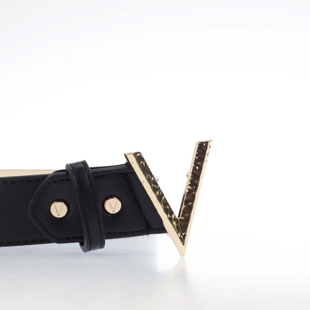 Valentino by Mario Moke Belt in 'black' has textured gold hardware shaped into a 'V' logo and can be adjusted in size using the 'punch hole' closure.