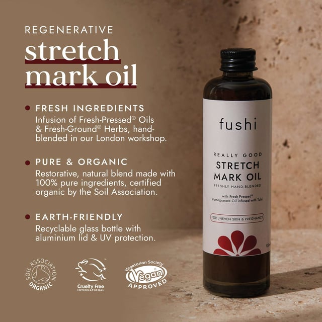 Discover the benefits of Fushi Really Good Stretch Mark Oil, specially formulated to help prevent and reduce stretch marks during pregnancy. This luxurious blend targets uneven skin with powerful ingredients. Pomegranate oil fades scars, while avocado oil promotes elasticity and hydrates. Wheatgerm oil, rich in Vitamin E, aids skin repair. Infused with healing tulsi, this oil enhances your skin's natural health. For optimal results, massage daily into damp skin after bathing. Embrace self-care with Ayurvedic rituals that celebrate your body.