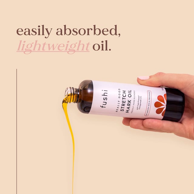 Discover the benefits of Fushi Really Good Stretch Mark Oil, specially formulated to help prevent and reduce stretch marks during pregnancy. This luxurious blend targets uneven skin with powerful ingredients. Pomegranate oil fades scars, while avocado oil promotes elasticity and hydrates. Wheatgerm oil, rich in Vitamin E, aids skin repair. Infused with healing tulsi, this oil enhances your skin's natural health. For optimal results, massage daily into damp skin after bathing. Embrace self-care with Ayurvedic rituals that celebrate your body.