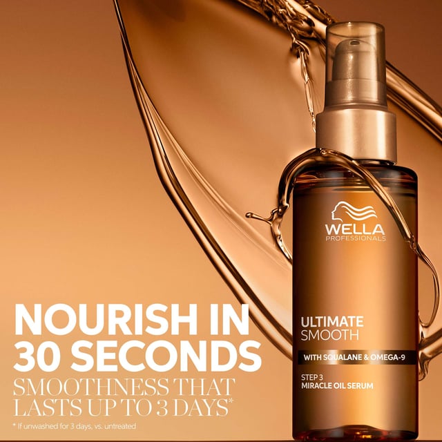 Experience the transformative power of Wella Ultimate Smooth Miracle Oil Serum, a luxurious hair oil enriched with Squalane and Omega-9. This lightweight serum penetrates deeply, nourishing your hair within just 30 seconds and ensuring smoothness that lasts up to three days. It protects against UV rays and heat up to 230°C/450°F, offering an impressive 96 hours of frizz control and a radiant shine. Simply apply 1-3 pumps to damp hair, comb through, and style as desired. Enjoy a silky, manageable look that turns heads.