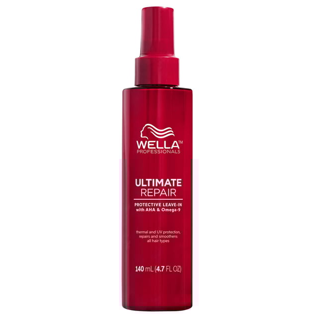 Revitalize your hair with Wella Professionals Ultimate Repair Protective Leave-In Lotion. This 140ml cream serum is designed to repair, protect, and seal hair from damage while providing a flawless finish. It combats breakage, UV exposure, heat (up to 230°C/450°F), mechanical damage, and frizz, delivering up to 99% less breakage and 8 times smoother hair for up to 72 hours. Infused with patented AHA and Omega-9 for deep nourishment, this vegan formula is suitable for all hair types and textures. Experience healthier-looking hair today!