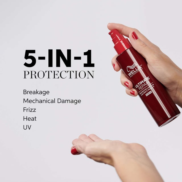 Revitalize your hair with Wella Professionals Ultimate Repair Protective Leave-In Lotion. This 140ml cream serum is designed to repair, protect, and seal hair from damage while providing a flawless finish. It combats breakage, UV exposure, heat (up to 230°C/450°F), mechanical damage, and frizz, delivering up to 99% less breakage and 8 times smoother hair for up to 72 hours. Infused with patented AHA and Omega-9 for deep nourishment, this vegan formula is suitable for all hair types and textures. Experience healthier-looking hair today!