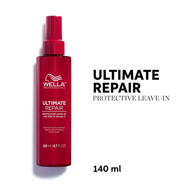 Revitalize your hair with Wella Professionals Ultimate Repair Protective Leave-In Lotion. This 140ml cream serum is designed to repair, protect, and seal hair from damage while providing a flawless finish. It combats breakage, UV exposure, heat (up to 230°C/450°F), mechanical damage, and frizz, delivering up to 99% less breakage and 8 times smoother hair for up to 72 hours. Infused with patented AHA and Omega-9 for deep nourishment, this vegan formula is suitable for all hair types and textures. Experience healthier-looking hair today!