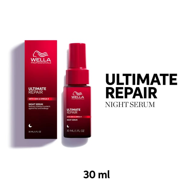 Discover the Wella Ultimate Repair Night Hair Serum, a transformative leave-in treatment that rejuvenates your hair overnight. Infused with Omega-9 and advanced polymers, this luxurious serum repairs, moisturizes, and protects your hair from night stressors like pillow friction. Experience visibly revived hair by morning, with frizz control and up to 6x smoother strands after just one night. With regular use, reduce breakage by 78% and split ends by 86%. Perfect for all hair types, this lightweight serum is your key to beautiful hair.