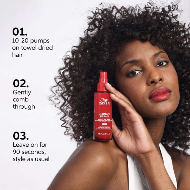 Revitalize your hair with Wella Ultimate Repair Miracle Hair Rescue Spray, a powerful leave-in treatment for all hair types. This formula repairs damage in just 90 seconds, strengthening and smoothing your hair with AHA and Omega-9. Experience 99% less breakage and 12 times smoother hair as it rebuilds bonds and creates a protective barrier against damage. Dermatologically tested and vegan-friendly, this spray is safe for color-treated hair, ensuring vibrant, healthy locks. Perfect for daily use for salon-quality results.