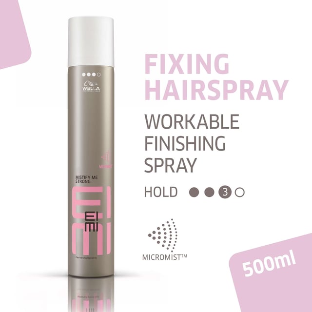 Discover Wella Professionals EIMI Mistify Me Strong Hairspray (500ml), designed for those seeking a quick-drying and reliable styling solution. Featuring advanced Micromist technology, this hairspray provides a robust level 3 hold while maintaining natural movement for up to 24 hours. Its lightweight formula ensures a fine spray for even application, imparting a vibrant shine and a refreshing fragrance. Easily brushed out, it's perfect for daily use. To achieve your desired look, simply hold the can at arm's length and spray evenly.