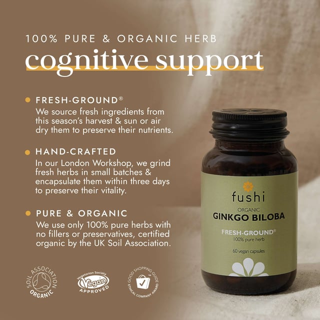 Fushi Organic Ginkgo Biloba Supplements - 60 Capsules for Cognitive Support Elevate your mental clarity with Fushi Organic Ginkgo Biloba Supplements. Each bottle contains 60 capsules, offering a 30-day supply with 340mg of pure organic Ginkgo Biloba per capsule. This potent herb is recognized for enhancing cognitive function and mood, while also supporting emotional well-being. Ginkgo Biloba promotes blood circulation and oxygen flow to the brain, especially beneficial for older adults. Enjoy antioxidant benefits that combat oxidative stress. For best results, take 2 capsules daily with meals. Store in a cool, dark place.