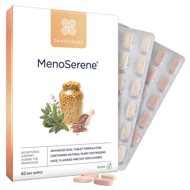 Discover Healthspan MenoSerene®, a unique menopause support solution specifically formulated for women. This dual tablet system includes a pink multivitamin packed with essential nutrients like calcium, magnesium, and vitamin D to promote bone health, alongside a brown tablet that combines powerful plant oestrogens from sage, flaxseed, and soy isoflavones to help balance hormones. With added vitamin B6 for hormonal regulation, this supplement addresses common menopause symptoms such as hot flushes and night sweats. Simply take one pink and one brown tablet daily with water for optimal results. Always consult a healthcare professional if you're pregnant, breastfeeding, or on medication. Store in a cool, dry place, out of reach of children.