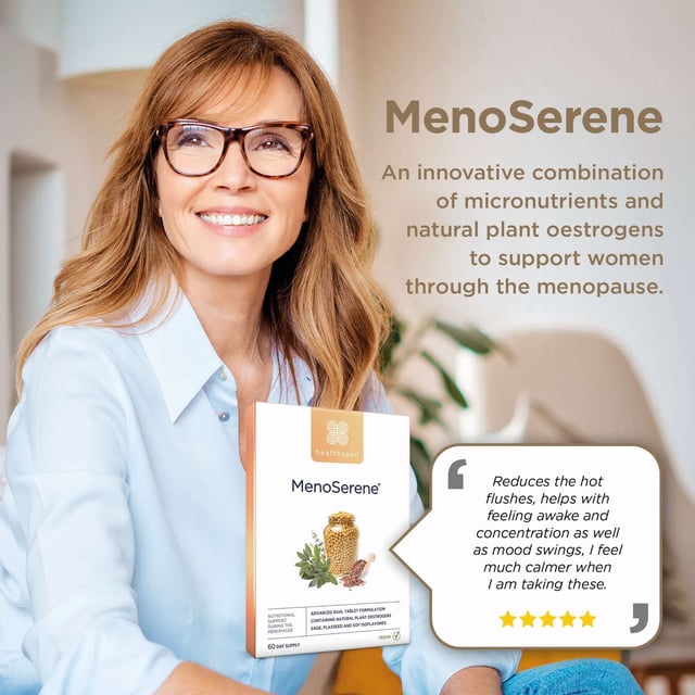 Discover Healthspan MenoSerene®, a unique menopause support solution specifically formulated for women. This dual tablet system includes a pink multivitamin packed with essential nutrients like calcium, magnesium, and vitamin D to promote bone health, alongside a brown tablet that combines powerful plant oestrogens from sage, flaxseed, and soy isoflavones to help balance hormones. With added vitamin B6 for hormonal regulation, this supplement addresses common menopause symptoms such as hot flushes and night sweats. Simply take one pink and one brown tablet daily with water for optimal results. Always consult a healthcare professional if you're pregnant, breastfeeding, or on medication. Store in a cool, dry place, out of reach of children.