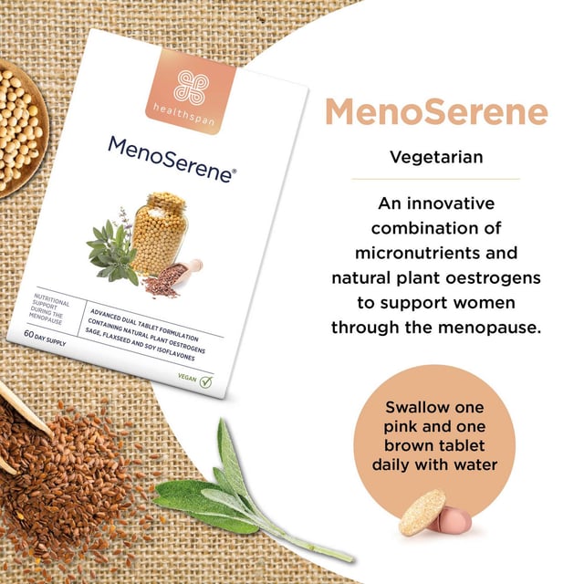Discover Healthspan MenoSerene®, a unique menopause support solution specifically formulated for women. This dual tablet system includes a pink multivitamin packed with essential nutrients like calcium, magnesium, and vitamin D to promote bone health, alongside a brown tablet that combines powerful plant oestrogens from sage, flaxseed, and soy isoflavones to help balance hormones. With added vitamin B6 for hormonal regulation, this supplement addresses common menopause symptoms such as hot flushes and night sweats. Simply take one pink and one brown tablet daily with water for optimal results. Always consult a healthcare professional if you're pregnant, breastfeeding, or on medication. Store in a cool, dry place, out of reach of children.