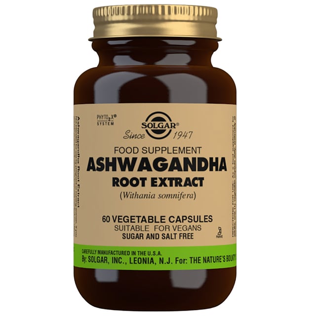 Solgar Ashwagandha Root Extract Vegetable Capsules - 60 Count Elevate your wellness with Solgar Ashwagandha Root Extract Vegetable Capsules. Crafted from natural ingredients and adhering to the Gold Standard since 1947, Solgar ensures premium quality. This vegan-friendly supplement, an adaptogen, supports stress management. Each capsule delivers 1.5% active withanolides (4.5 mg) to enhance vitality. Free from artificial additives, gluten, and preservatives, these capsules cater to vegetarians and those on Kosher and Halal diets. Trust Solgar for a sustainable and cruelty-free health approach.