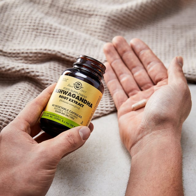 Solgar Ashwagandha Root Extract Vegetable Capsules - 60 Count Elevate your wellness with Solgar Ashwagandha Root Extract Vegetable Capsules. Crafted from natural ingredients and adhering to the Gold Standard since 1947, Solgar ensures premium quality. This vegan-friendly supplement, an adaptogen, supports stress management. Each capsule delivers 1.5% active withanolides (4.5 mg) to enhance vitality. Free from artificial additives, gluten, and preservatives, these capsules cater to vegetarians and those on Kosher and Halal diets. Trust Solgar for a sustainable and cruelty-free health approach.
