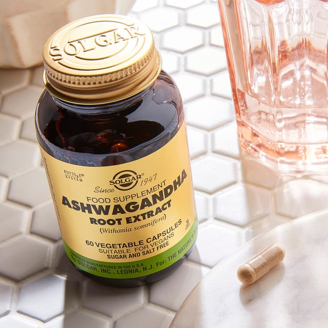 Solgar Ashwagandha Root Extract Vegetable Capsules - 60 Count Elevate your wellness with Solgar Ashwagandha Root Extract Vegetable Capsules. Crafted from natural ingredients and adhering to the Gold Standard since 1947, Solgar ensures premium quality. This vegan-friendly supplement, an adaptogen, supports stress management. Each capsule delivers 1.5% active withanolides (4.5 mg) to enhance vitality. Free from artificial additives, gluten, and preservatives, these capsules cater to vegetarians and those on Kosher and Halal diets. Trust Solgar for a sustainable and cruelty-free health approach.