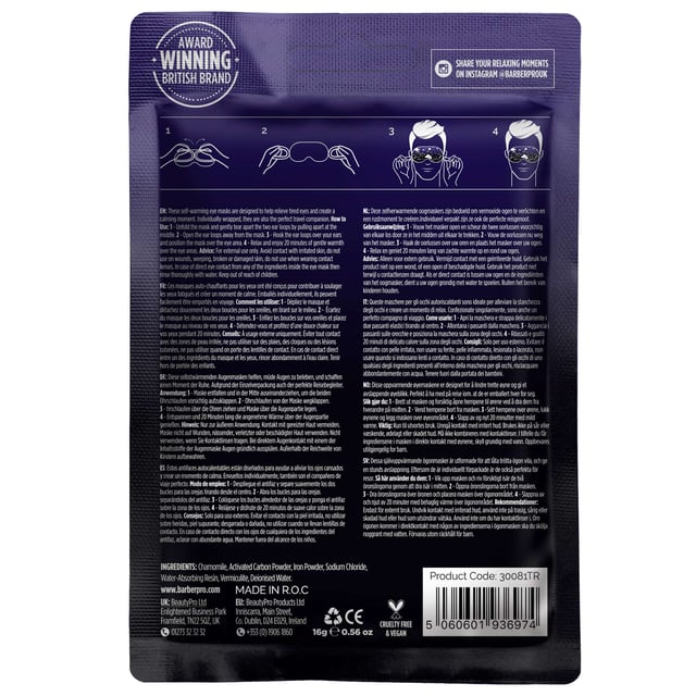 Are you struggling with tired or strained eyes? Discover the soothing relief of BARBER PRO Warming Eye Masks. These innovative self-heating masks gently warm the eye area, promoting relaxation and helping you unwind. Perfect for use during travel, before sleep, or as part of your digital detox, each mask offers a 20-minute treatment designed to rejuvenate your eyes after long hours of screen time. Simply place the mask over your eyes, secure it with the comfortable ear loops, and enjoy a moment of tranquility. Each box contains 5 individually wrapped masks for your convenience.