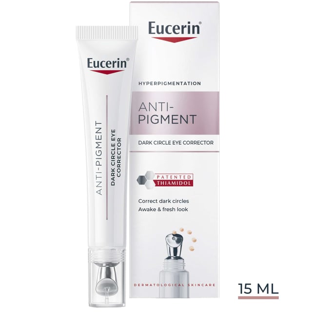 Revitalize your eyes with Eucerin Anti-Pigment Illuminating Eye Cream, designed to combat dark circles, puffiness, and fine lines. This lightweight cream features a cooling metal applicator for precise application to hyperpigmentation areas. Enriched with light-reflecting pigments, it brightens the eye area for a refreshed look. The combination of Thiamidol, Hyaluronic Acid, and Oligopeptides reduces hyperpigmentation, smooths fine lines, and boosts collagen production. Achieve a luminous and youthful appearance.