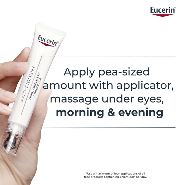 Revitalize your eyes with Eucerin Anti-Pigment Illuminating Eye Cream, designed to combat dark circles, puffiness, and fine lines. This lightweight cream features a cooling metal applicator for precise application to hyperpigmentation areas. Enriched with light-reflecting pigments, it brightens the eye area for a refreshed look. The combination of Thiamidol, Hyaluronic Acid, and Oligopeptides reduces hyperpigmentation, smooths fine lines, and boosts collagen production. Achieve a luminous and youthful appearance.